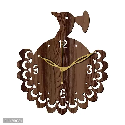 FRAVY 12"" Inch Prelam MDF Wood English Numeral Peacock Round Without Glass Wall Clock (Brown, 30cm x 30cm) - 48-thumb2