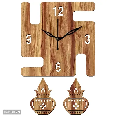 FRAVY 12"" Inch Prelam MDF Wood English Numeral Swastik Square Without Glass Wall Clock (Beige, 30cm x 30cm) - 49-thumb2