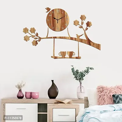 Freny Exim Wooden MDF Tree Birds Coffee Cup On Julha Design Wall Clock Without Glass (Beige, 43cm x 68cm)-058