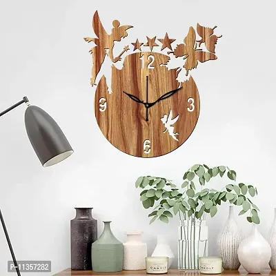 FRAVY 12"" Inch Prelam MDF Wood English Numeral Angel with Stars Round Without Glass Wall Clock (Beige, 30cm x 30cm) - 8-thumb0