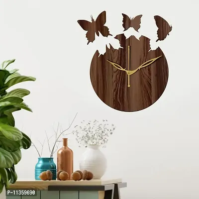 FRAVY 12"" Inch Prelam MDF Wood Flying Butterfly Round Without Glass Wall Clock (Brown, 30cm x 30cm) - 31-thumb0