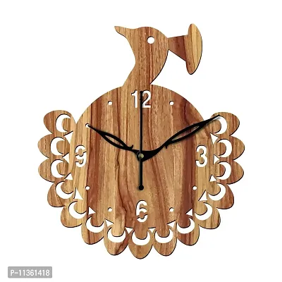 FRAVY 12"" Inch Prelam MDF Wood English Numeral Peacock Round Without Glass Wall Clock (Beige, 30cm x 30cm) - 48-thumb2