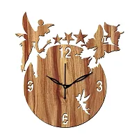 FRAVY 12"" Inch Prelam MDF Wood English Numeral Angel with Stars Round Without Glass Wall Clock (Beige, 30cm x 30cm) - 8-thumb1