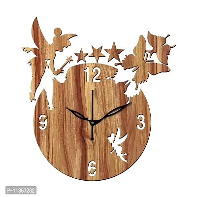 FRAVY 12"" Inch Prelam MDF Wood English Numeral Angel with Stars Round Without Glass Wall Clock (Beige, 30cm x 30cm) - 8-thumb2