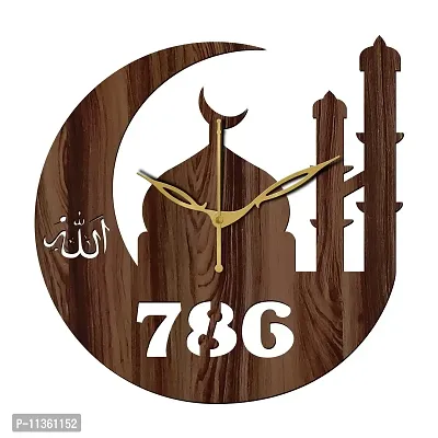 FRAVY 12"" Inch Prelam MDF Wood Allah with 786 Round Without Glass Wall Clock (Brown, 30cm x 30cm) - 40-thumb2