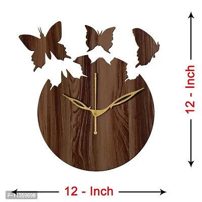 FRAVY 12"" Inch Prelam MDF Wood Flying Butterfly Round Without Glass Wall Clock (Brown, 30cm x 30cm) - 31-thumb4