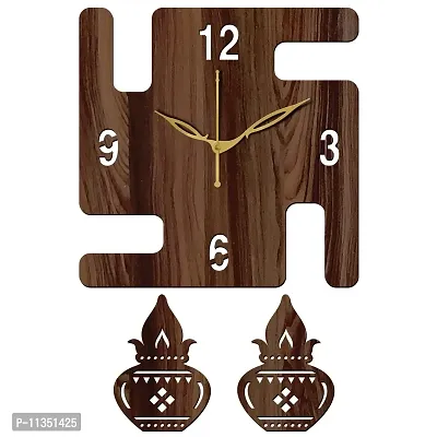 Freny Exim 12"" Inch Wooden MDF English Numeral Swastik Square Wall Clock Without Glass (Brown, 30cm x 30cm) - 49