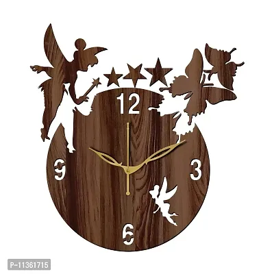 Freny Exim 12"" Inch Wooden MDF English Numeral Angel with Stars Round Wall Clock Without Glass (Brown, 30cm x 30cm) - 8-thumb0