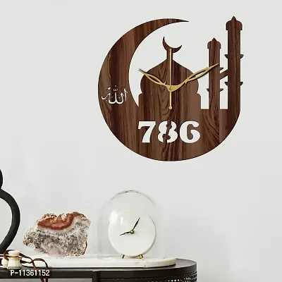 FRAVY 12"" Inch Prelam MDF Wood Allah with 786 Round Without Glass Wall Clock (Brown, 30cm x 30cm) - 40