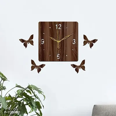 FRAVY 12"" Inch Prelam MDF Wood English Numeral 4 Butterfly Square Without Glass Wall Clock (Brown, 30cm x 30cm) - 7