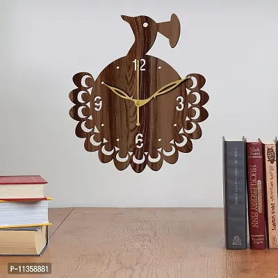 FRAVY 12"" Inch Prelam MDF Wood English Numeral Peacock Round Without Glass Wall Clock (Brown, 30cm x 30cm) - 48