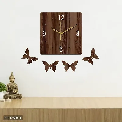 FRAVY 12"" Inch Prelam MDF Wood English Numeral 4 Butterfly Square Without Glass Wall Clock (Brown, 30cm x 30cm) - 7-thumb3