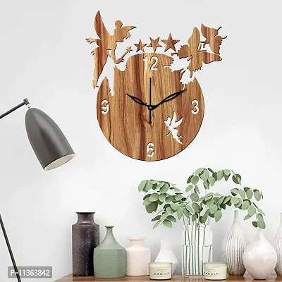 Freny Exim 12"" Inch Wooden MDF English Numeral Angel with Stars Round Wall Clock Without Glass (Beige, 30cm x 30cm) - 8-thumb2