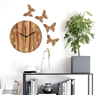 Freny Exim 12"" Inch Wooden MDF English Numeral 4 Butterfly Round Wall Clock Without Glass (Beige, 30cm x 30cm) - 1-thumb2