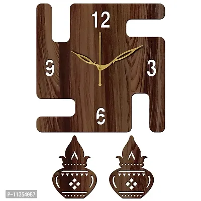 FRAVY 12"" Inch Prelam MDF Wood English Numeral Swastik Square Without Glass Wall Clock (Brown, 30cm x 30cm) - 49-thumb2