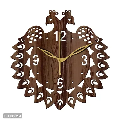 FRAVY 12"" Inch Prelam MDF Wood English Numeral Peacock Round Without Glass Wall Clock (Brown, 30cm x 30cm) - 46-thumb2