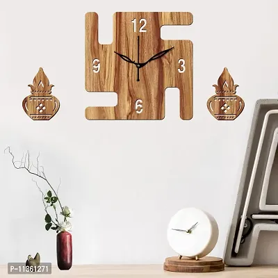 FRAVY 12"" Inch Prelam MDF Wood English Numeral Swastik Square Without Glass Wall Clock (Beige, 30cm x 30cm) - 49-thumb3