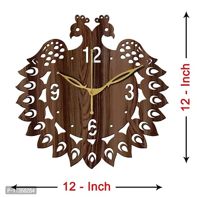 FRAVY 12"" Inch Prelam MDF Wood English Numeral Peacock Round Without Glass Wall Clock (Brown, 30cm x 30cm) - 46-thumb4