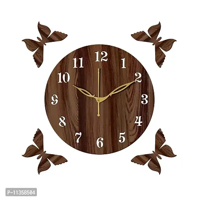 Freny Exim 12"" Inch Wooden MDF English Numeral 4 Butterfly Round Wall Clock Without Glass (Brown, 30cm x 30cm) - 1-thumb0