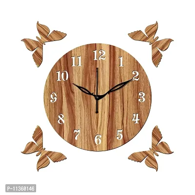 Freny Exim 12"" Inch Wooden MDF English Numeral 4 Butterfly Round Wall Clock Without Glass (Beige, 30cm x 30cm) - 1