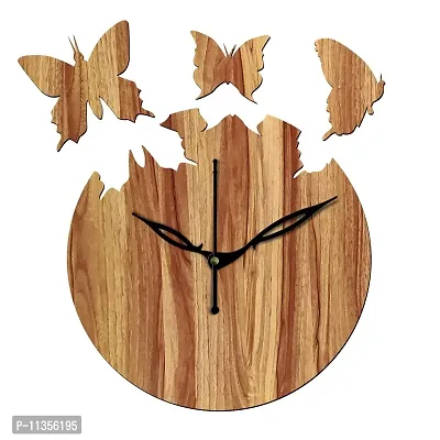 FRAVY 12"" Inch Prelam MDF Wood Flying Butterfly Round Without Glass Wall Clock (Beige, 30cm x 30cm) - 31-thumb2