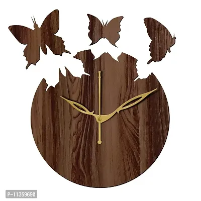 FRAVY 12"" Inch Prelam MDF Wood Flying Butterfly Round Without Glass Wall Clock (Brown, 30cm x 30cm) - 31-thumb2
