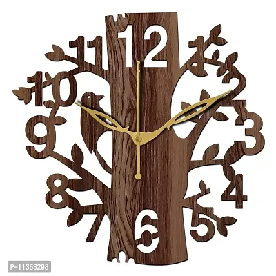 Freny Exim 12"" Inch Wooden MDF Tree Shape English Numeral with Bird Wall Clock Without Glass (Brown, 30cm x 30cm)-057-thumb2