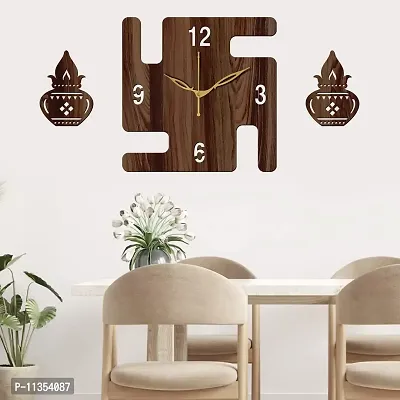 FRAVY 12"" Inch Prelam MDF Wood English Numeral Swastik Square Without Glass Wall Clock (Brown, 30cm x 30cm) - 49