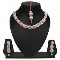 maayeri jewels rose gold plated trending design minimal necklace set with earrings  maangtika.-thumb1