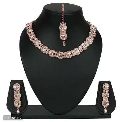 maayeri jewels rose gold plated trending design minimal necklace set with earrings  maangtika.-thumb2