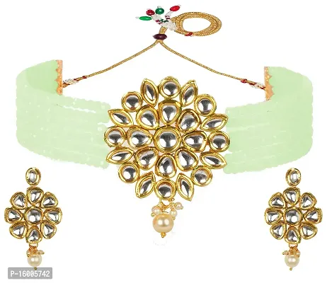 maayeri Gold Plated Traditional Kundan with Pearl Choker Necklace Jewellery Set for Women/Girls