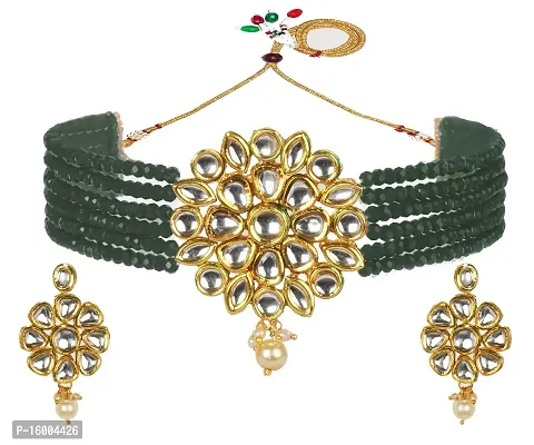 Green Gold Tone Kundan  MultiStrand Pearls Choker Necklace  Earring Set For Women-thumb0