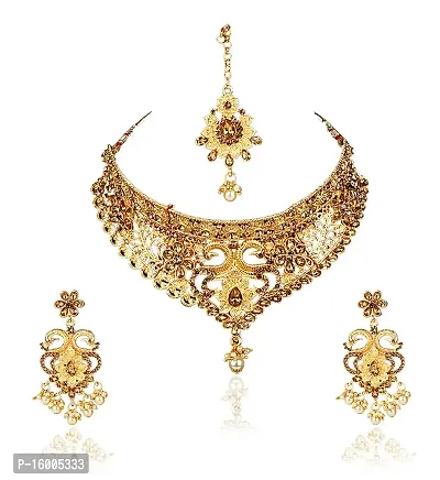 Maayeri Jewels Trendy Gold Choker with Elegant Stones Jewellery Sets with Earrings  Mang Tika For Women