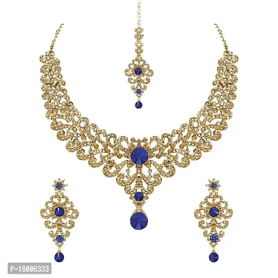 maayeri jewels gold plated statement blue jewellery set with earrings  maangtika