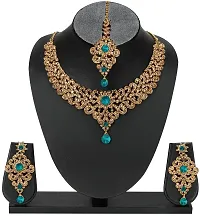 MAAYERI JEWELS STATEMENT GOLD PLATED TEAL JEWELLERY SET WITH EARRINGS AND MAANGTIKA-thumb1