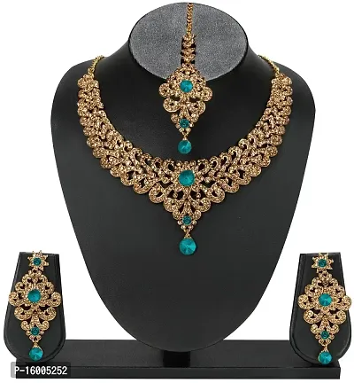 MAAYERI JEWELS STATEMENT GOLD PLATED TEAL JEWELLERY SET WITH EARRINGS AND MAANGTIKA-thumb2