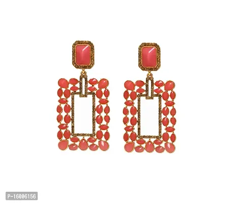 Maayeri Jewels Pink Crystals Gold plated Rectangle Earrings for Women and Girls