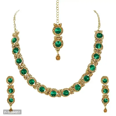 maayeri jewels gold plated trendy green minimal jewellery set with earrings  maangtika