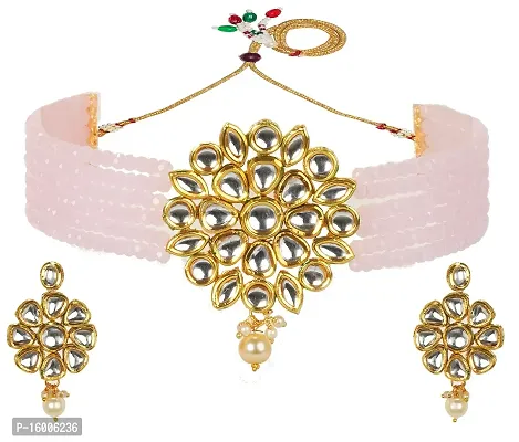 Gold Plated Traditional Kundan with Pearl Choker Necklace Jewellery Set for Women/Girls