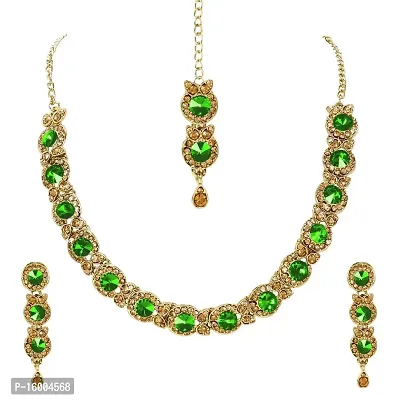 MAAYERI jewels gold plated trendy LIGHT GREEN minimal jewellery set with earrings  maangtika