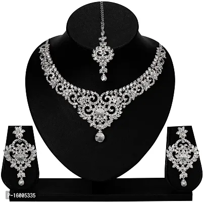 maayeri jewels silver shiny  trendy necklace set with earrings  maangtika For Womens-thumb2