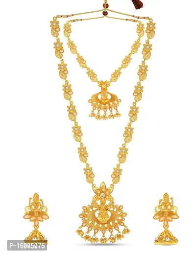 Maayeri Jewels Latest Goddess Laxmi Traditional Temple Jewellery Combo Necklace/Haram Set With Pearls/Stones  Earrings For Women.