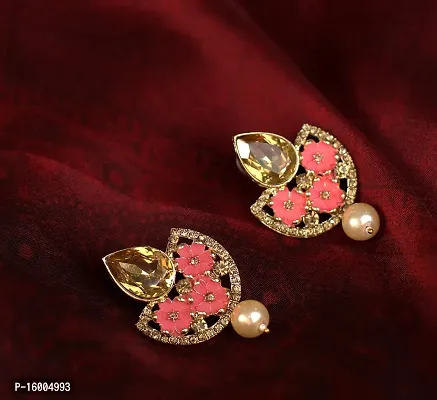 Maayeri jewels Pink Hand-painted Gold Floral Earrings.-thumb3