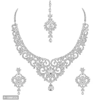 maayeri jewels silver shiny  trendy necklace set with earrings  maangtika For Womens