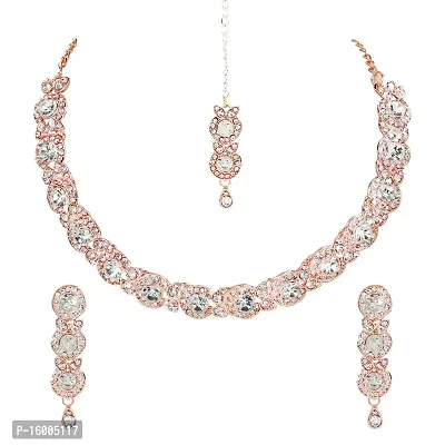 maayeri jewels rose gold plated trending design minimal necklace set with earrings  maangtika.