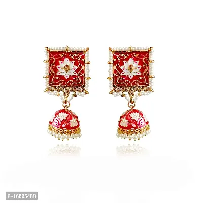 Maayeri Jewels Pink Meenakari, Hand-painted Earrings, Gold Plated with pearls for women and girls.