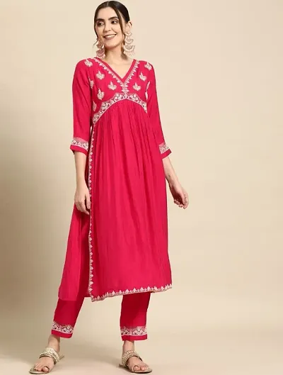 Rayon Embroidery Anarkali Kurtis With Bottom Sets