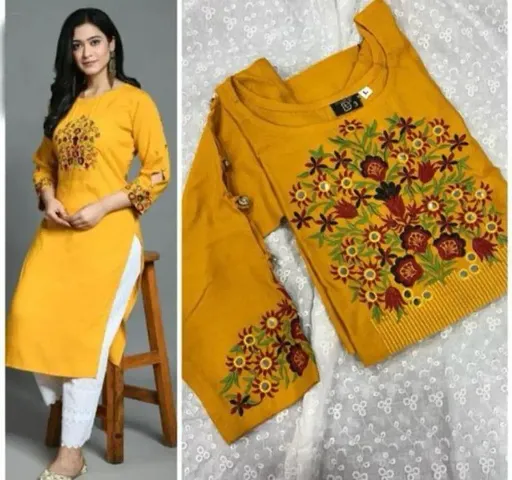 Rayon Embroidery Straight Kurti With Bottom Set