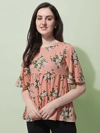 Orange Floral Print Layered Top in Crepe Fabric with Round Neck and Half Sleeve-thumb2