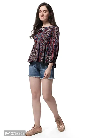 Multicolor Geometric Print Peplum Top in Crepe Fabric with Boat Neck and Full Sleeve